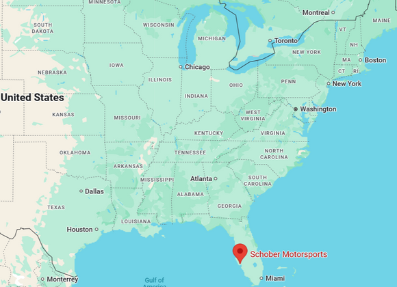 Map of the United States with a red marker indicating Schober Motorsports location.